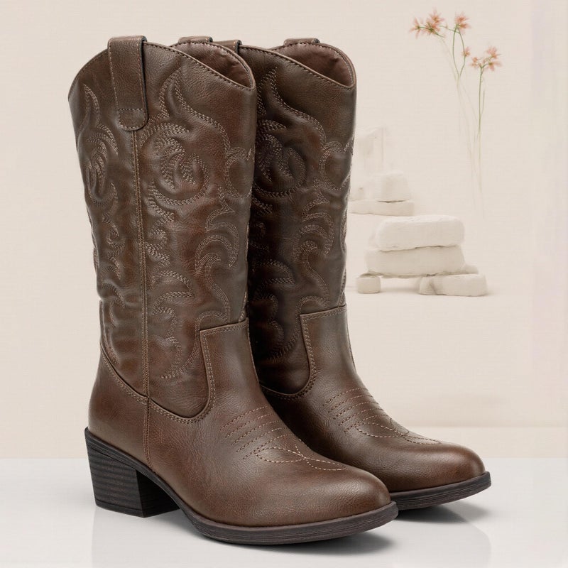 Vepose Women's Cowboy Boots Western Cowgirl Round Toe Mid Calf Boots,Whisky,Size 8M US(CJY9801 Whisky 08) - Image 3