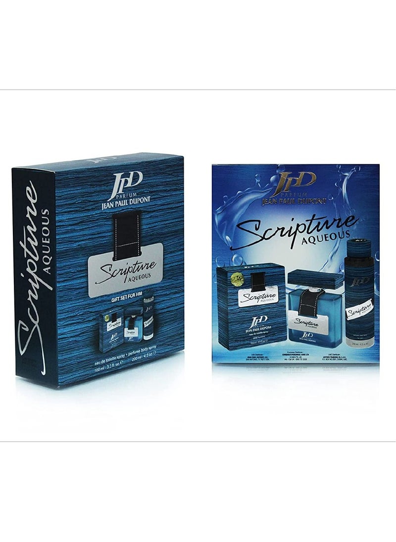 Jean Paul Dupont Scripture Aqueous 2Pcs Promo Pack Eau de Toilette 100ml + Body Spray 200ml For Men  - Image 2