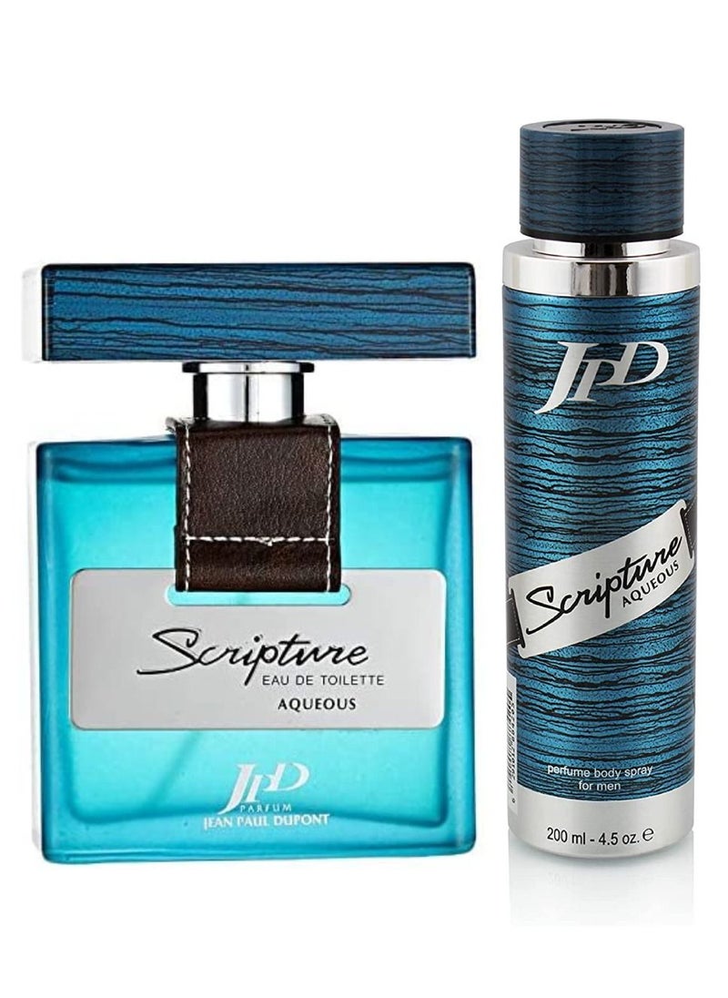 Jean Paul Dupont Scripture Aqueous 2Pcs Promo Pack Eau de Toilette 100ml + Body Spray 200ml For Men  - Image 3