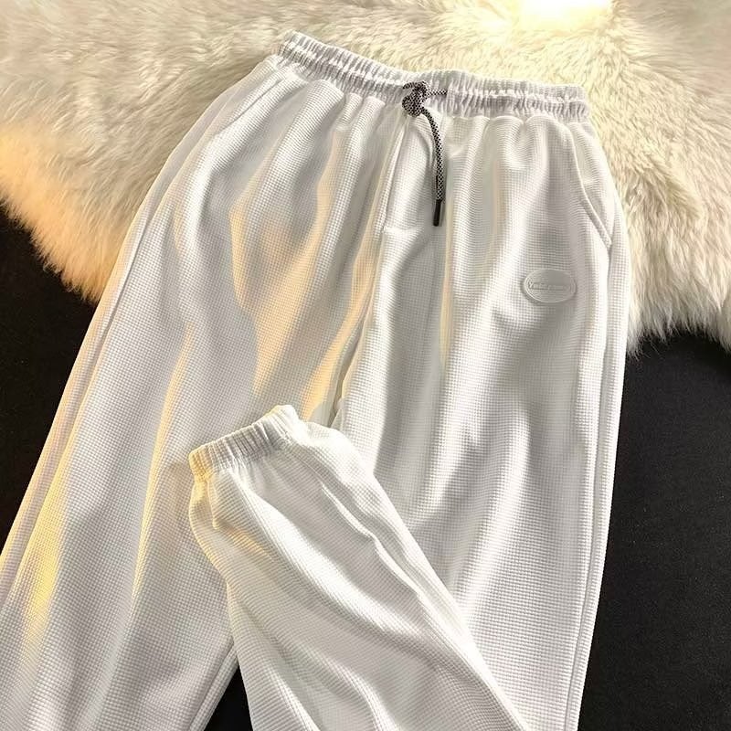 Pants mens autumn and winter fleece-lined 2024 new waffle casual pants loose toe spring and autumn sports pants White [thin section] 