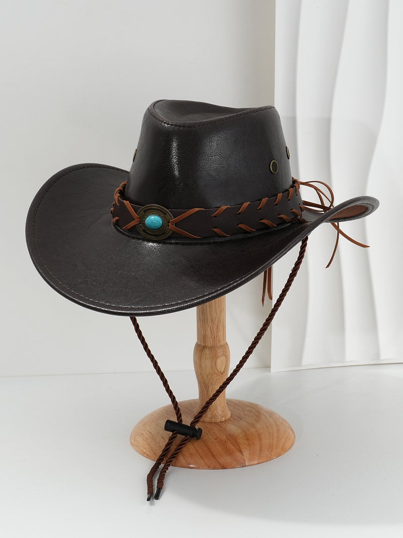 Men'S And Women'S Pu Leather Y2K Style Topper Hat Metal Disc Inlaid Sapphire Woven Accessories Belt Travel Activities - Image 1