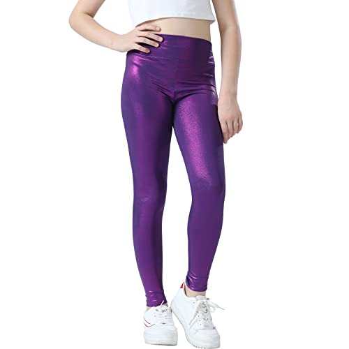 Jinhiteam Girls Metallic Leggings Size 8-9 Years Old Shiny Purple Dance Pants High Waist Kids Stretch Tights - Image 1