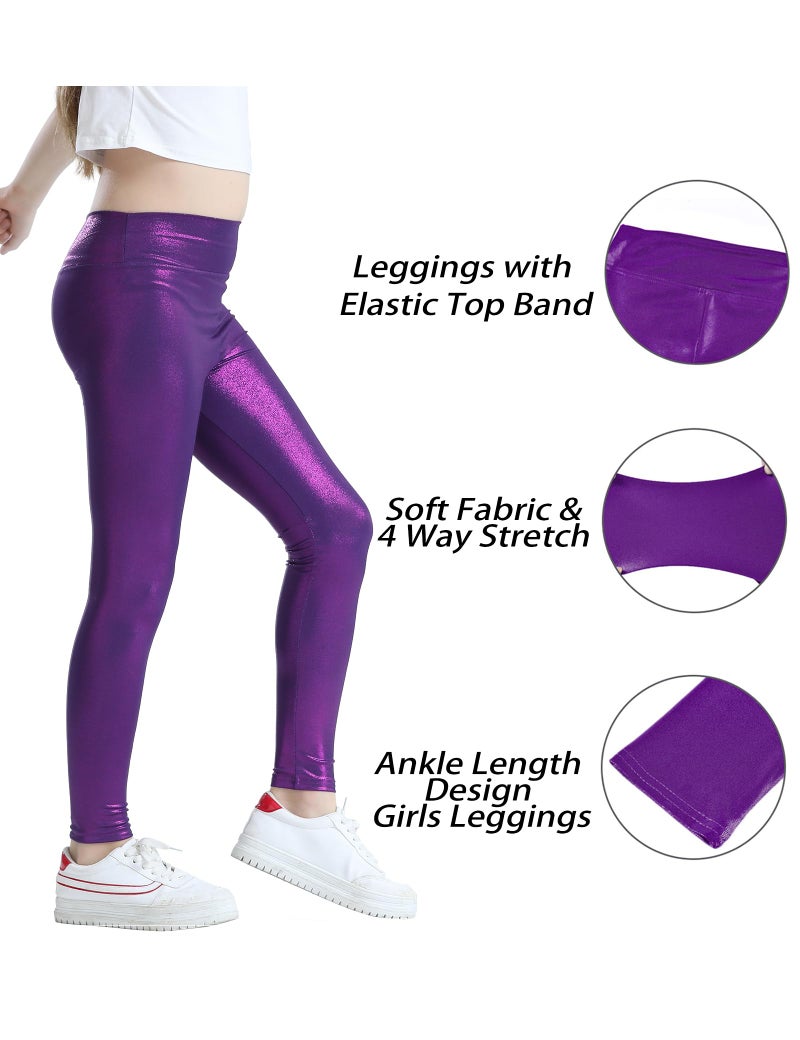Jinhiteam Girls Metallic Leggings Size 8-9 Years Old Shiny Purple Dance Pants High Waist Kids Stretch Tights - Image 5