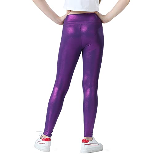 Jinhiteam Girls Metallic Leggings Size 8-9 Years Old Shiny Purple Dance Pants High Waist Kids Stretch Tights - Image 4