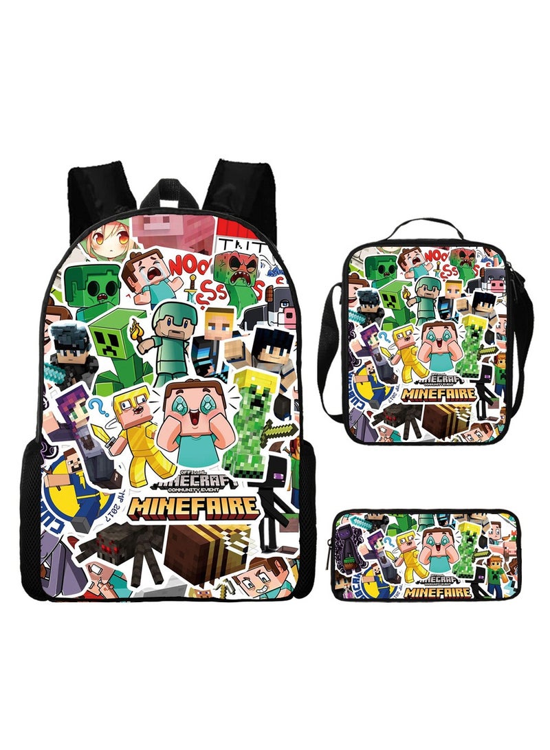MINECRAFT Digital Printing Large Capacity Backpack Three piece Set Lunch Bag Pen Bag Polyester Comfortable Load Reducing Backpack for Students and Children Unisex - Image 1