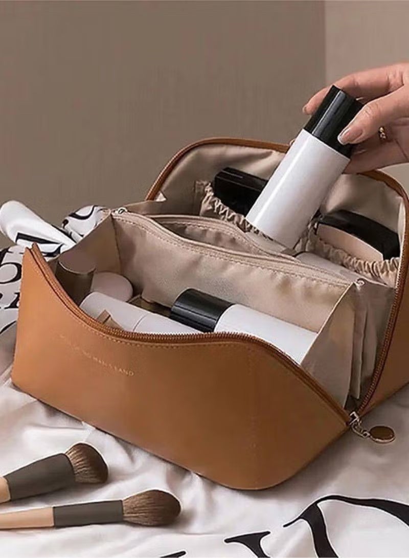 Leather Travel Makeup Bag – Large Capacity Cosmetic Organizer for Women – Portable Waterproof Toiletry Bag (Random Color) - Image 1