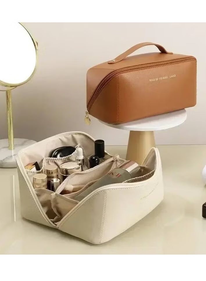 Leather Travel Makeup Bag – Large Capacity Cosmetic Organizer for Women – Portable Waterproof Toiletry Bag (Random Color) - Image 2