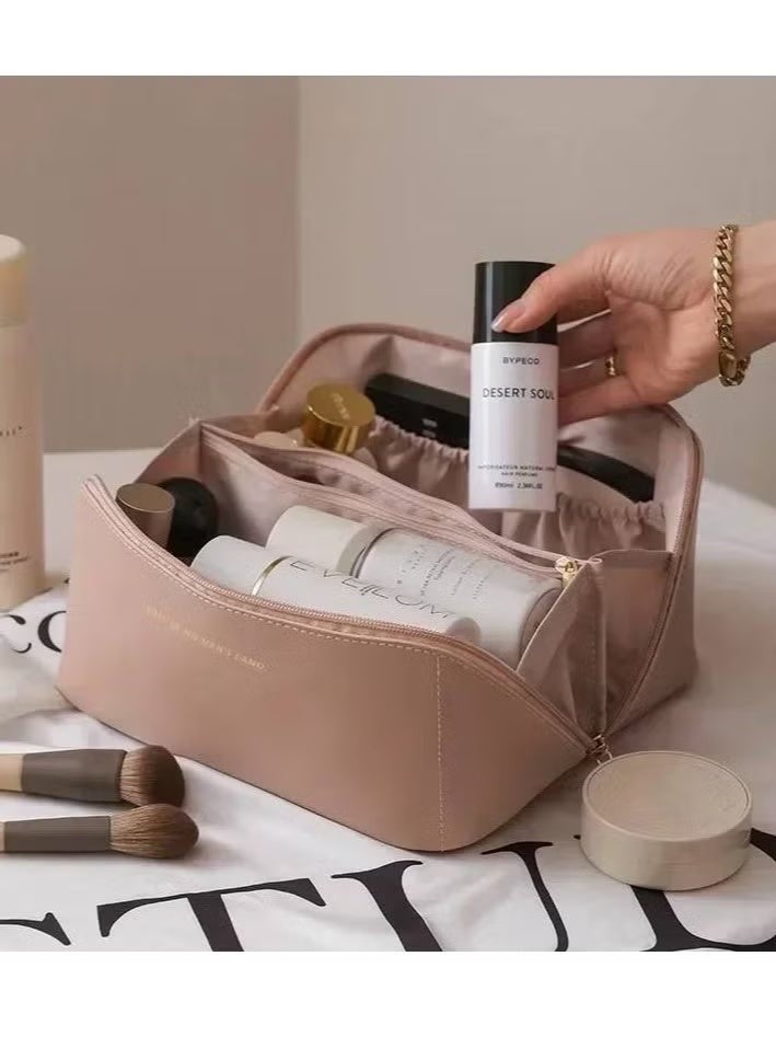 Leather Travel Makeup Bag – Large Capacity Cosmetic Organizer for Women – Portable Waterproof Toiletry Bag (Random Color) - Image 3