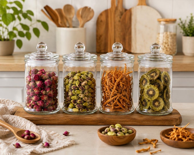 GLASS STORAGE JAR 750ML | AIRTIGHT, MOISTURE-PROOF FOOD CONTAINERS WITH LID | KITCHEN STORAGE JAR SET FOR SNACKS, SPICES & DRY FRUITS | 4PCS