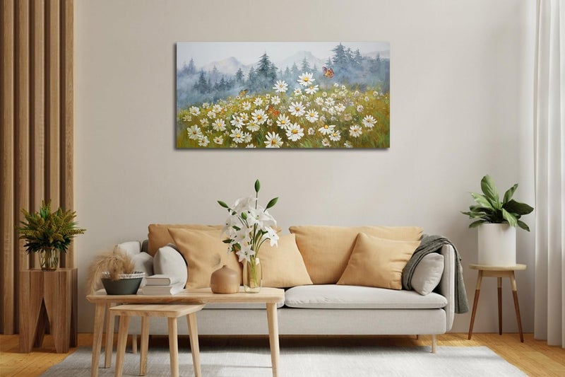 Arjun Flower Wall Art Canvas Landscape Daisy Painting Misty Mountain Picture - Image 3