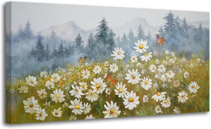Arjun Flower Wall Art Canvas Landscape Daisy Painting Misty Mountain Picture - Image 2