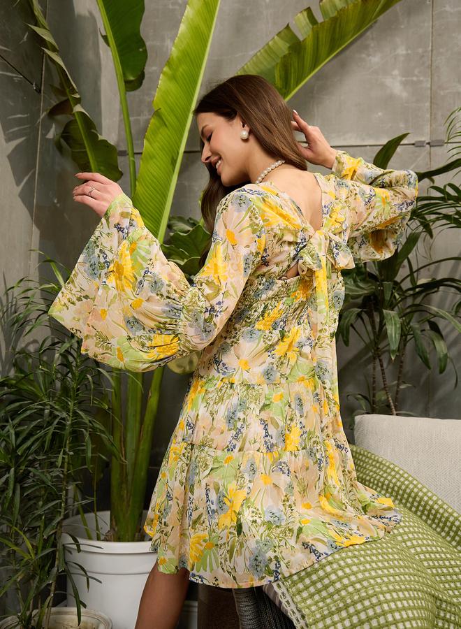 ساسافراس فستان قصير بطبعة زهور وتفاصيل مُجمعة - Image 2