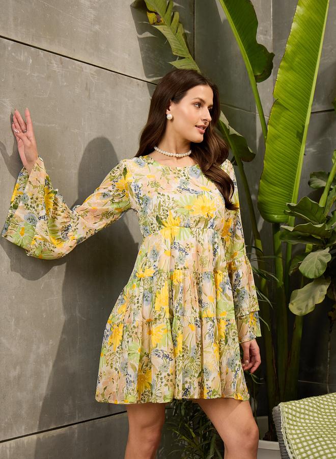 ساسافراس فستان قصير بطبعة زهور وتفاصيل مُجمعة - Image 3