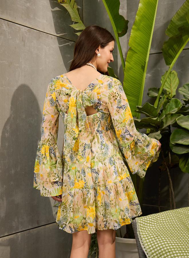 ساسافراس فستان قصير بطبعة زهور وتفاصيل مُجمعة - Image 5