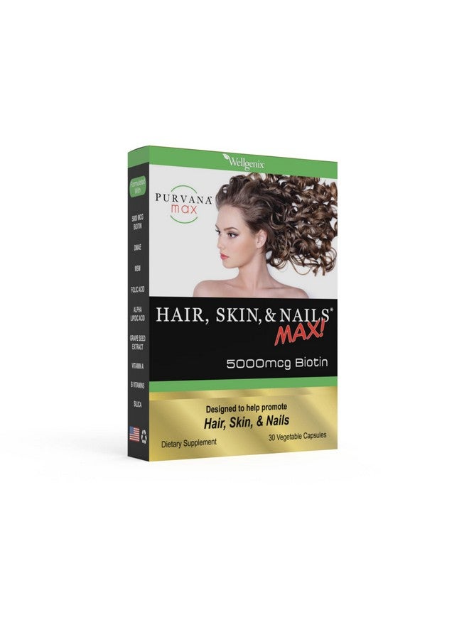 wellgenix Purvana Max Hair Skin And Nails Vitamin Vegetable Capsules For High Absorption Double Strength Biotin 5000 Mcg Vit A & B Folic Acid Grape Seed Extract Herbal Supplement (30 Count) (1 Pack) - Image 1