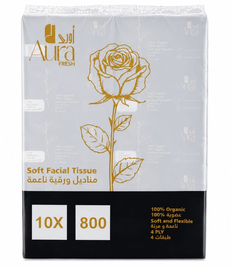 AURA Soft Facial Tissue 10 Pack x 800 Sheets, 4 Ply Premium Soft & Strong Tissue Paper, Ultra Soft Facial Tissues for Home, Office, Car & Travel, Gentle on Skin, White Tissue Napkins - Image 1