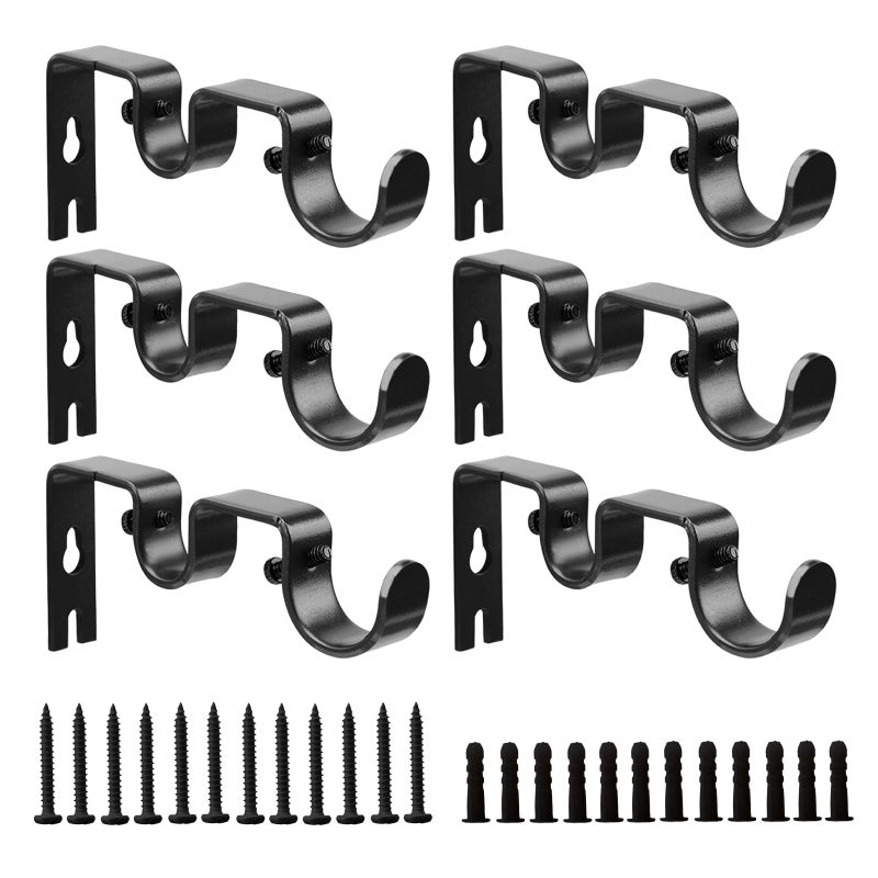 Shonmogar Double Curtain Rod Bracket,6 Pack Metal Curtain Rod Holders for Wall,Sturdy Curtain Rod Brackets for 1 Inch Curtain Rod,Black Wall Mounted Curtain Rod Hooks for Bedroom Living Room Patio - Image 1