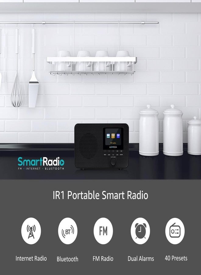 LEMEGA IR1 Portable WIFI Internet Radio,FM Digital Radio,Bluetooth Speaker,Dual Alarms Clock,Sleep Snooze Timer,40 Presets, Headphone-Output,Colour Display,Batteries or Mains Powered - Black Finish - Image 2
