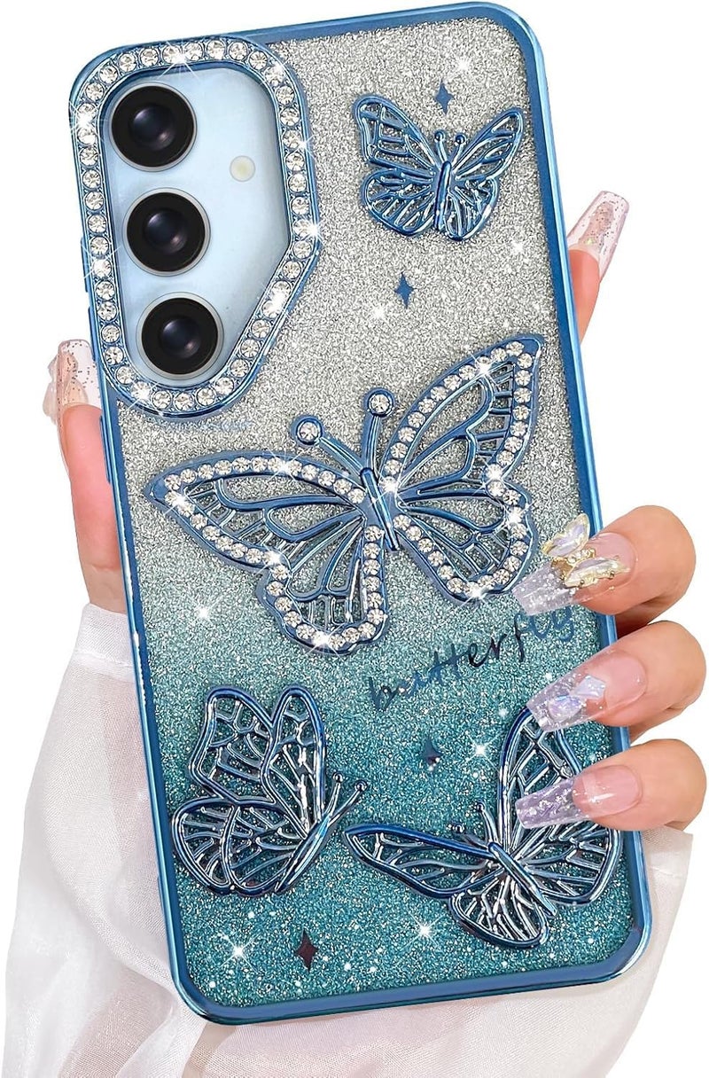 Elzzi Electroplated Butterfly Phone Cover for Samsung S25 Case, Showcasing Pearlescent Diamond Soft TPU, Camera Protection, Shockproof, Dropresistant Stylish for Girls & Women (Blue) - Image 1