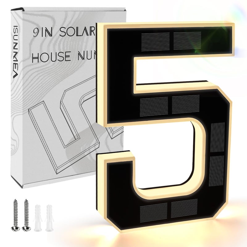 ISUNMEA 9 Inch Solar Lighted House Numbers for Outside Light Up Waterproof LED Address Numbers Signs for Houses Large Personalized Illuminated Exterior Modern House Numbers Light 5Black 9IN - Image 2