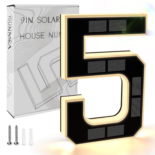 ISUNMEA 9 Inch Solar Lighted House Numbers for Outside Light Up Waterproof LED Address Numbers Signs for Houses Large Personalized Illuminated Exterior Modern House Numbers Light 5Black 9IN - Image 1