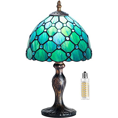 MIAOKE Stained Glass Table Lamp,Stained Glass Crystal Bead Style Table Light, Handmade Desk Bedside Night Light, Antique Art Craft Gifts Lover Living Room Bedroom Bookcase (Green Pearl) - Image 1