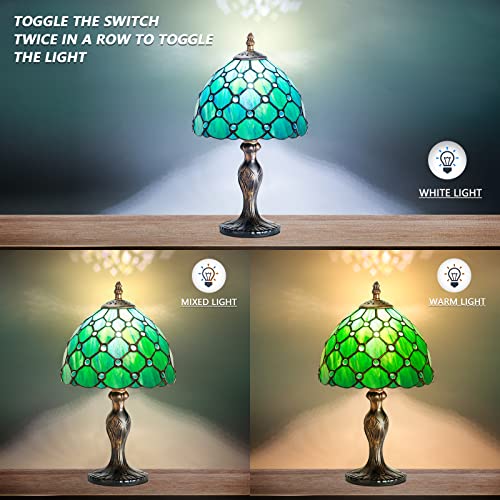 MIAOKE Stained Glass Table Lamp,Stained Glass Crystal Bead Style Table Light, Handmade Desk Bedside Night Light, Antique Art Craft Gifts Lover Living Room Bedroom Bookcase (Green Pearl) - Image 3