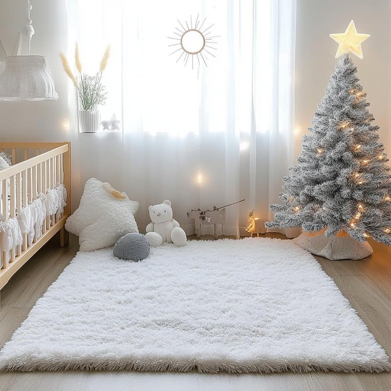 Rugs for Living Room Fluffy Area Rug Shaggy for Bedroom Soft Modern Luxury Fur Carpet for Kids Room Nursery Indoor Plush Furry Rug Comfy Home Decor Floor Mat (White, 80 x 150 cm) - Image 1