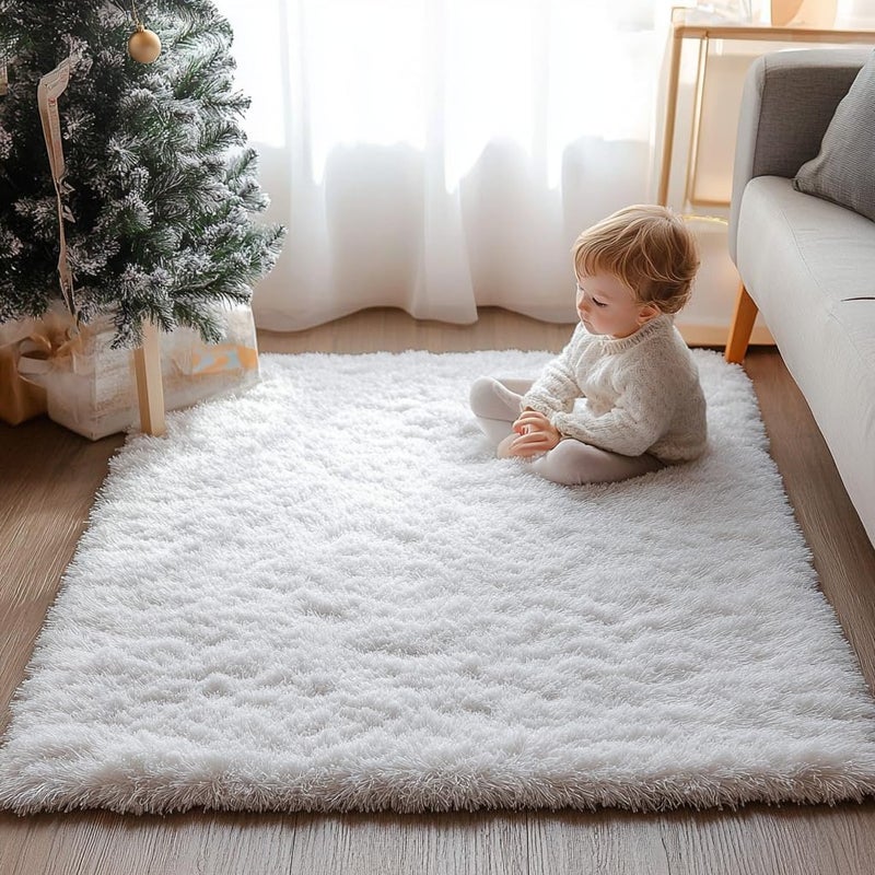 Rugs for Living Room Fluffy Area Rug Shaggy for Bedroom Soft Modern Luxury Fur Carpet for Kids Room Nursery Indoor Plush Furry Rug Comfy Home Decor Floor Mat (White, 80 x 150 cm) - Image 2