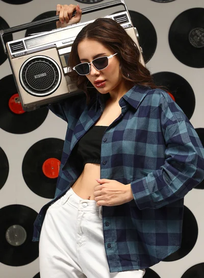 كامبوس سوترا Women's Prussian Blue Buffalo-Check Oversized Shirt