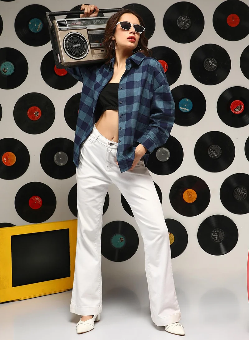 كامبوس سوترا Women's Prussian Blue Buffalo-Check Oversized Shirt