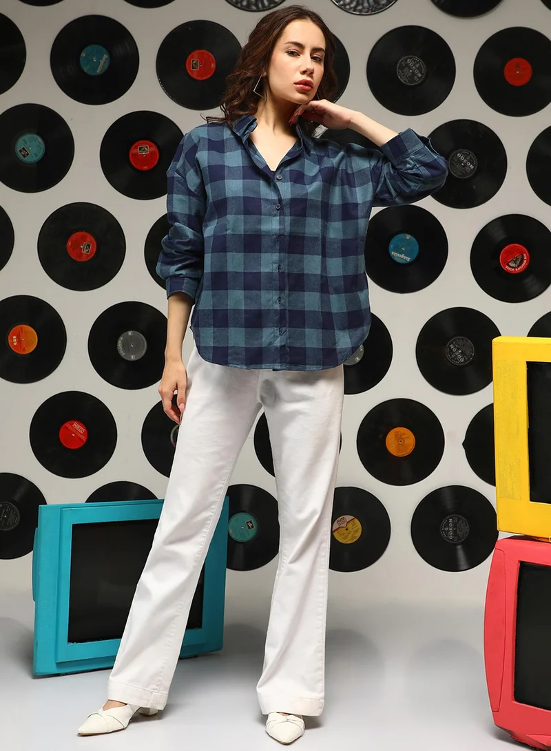 كامبوس سوترا Women's Prussian Blue Buffalo-Check Oversized Shirt