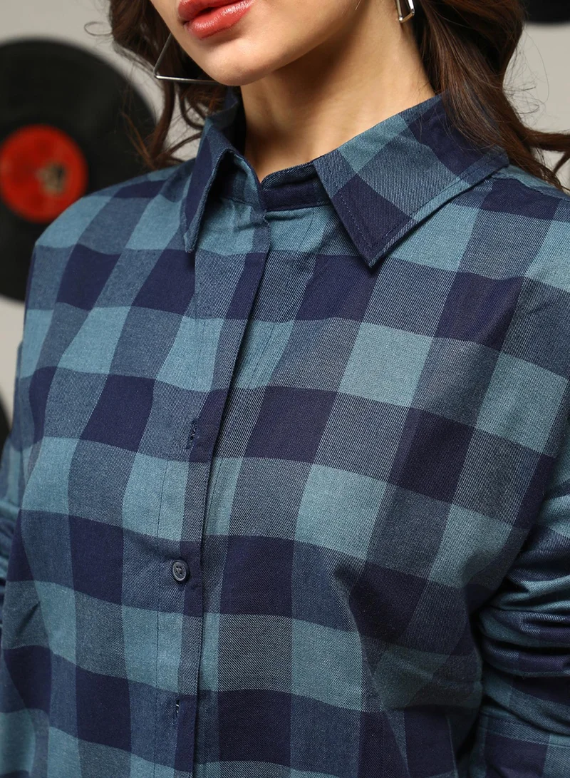 كامبوس سوترا Women's Prussian Blue Buffalo-Check Oversized Shirt