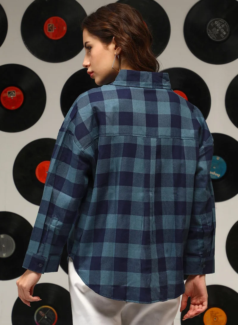 كامبوس سوترا Women's Prussian Blue Buffalo-Check Oversized Shirt