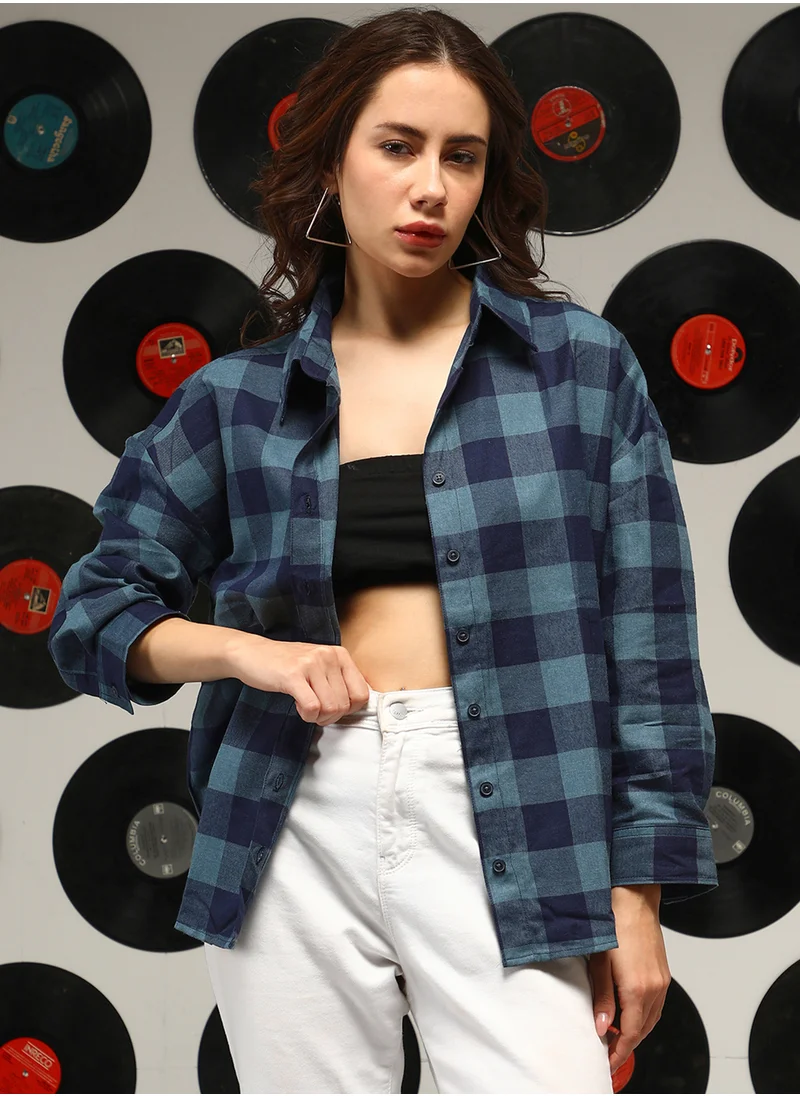 Campus Sutra Women's Prussian Blue Buffalo-Check Oversized Shirt