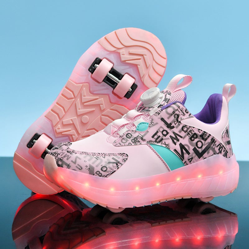 Generic Four-wheel walking shoes Children girls pulley teenagers explosion shoes primary and secondary school students leather surface luminous boys wheel shoes 6298 pink [four wheels]]