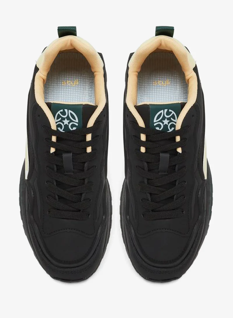 Styli  Black Contrast Panel Lace-Up Sneakers for Men | Best Price UAE