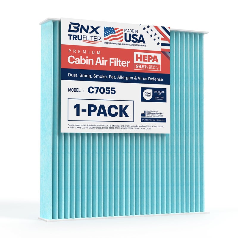 BNX TruFilter C7055 Cabin Air Filter, HEPA 99.97%, MADE IN USA, Compatible With Toyota Camry, Corolla, Highlander, RAV4, Tundra, Prius, 4Runner; Subaru Outback, Legacy; Lexus RX, GS, GX, IS, LS, ES - Image 1