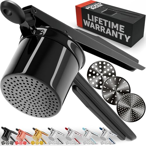 PriorityChef Large 15oz Potato Ricer With 3 Discs Heavy Duty Stainless Steel Potato Ricer for Mashed Potatoes Potato Masher Press and Ricer Kitchen Tool All Black
