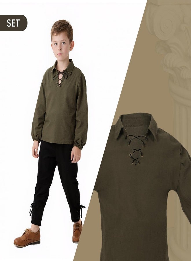 VZQI Kids Medieval Lace-Up Neck Shirt Long Sleeve Wide Cuffs Boys Renaissance Pirate Top Halloween Costume Green 4'3''-4'9'' - Image 3