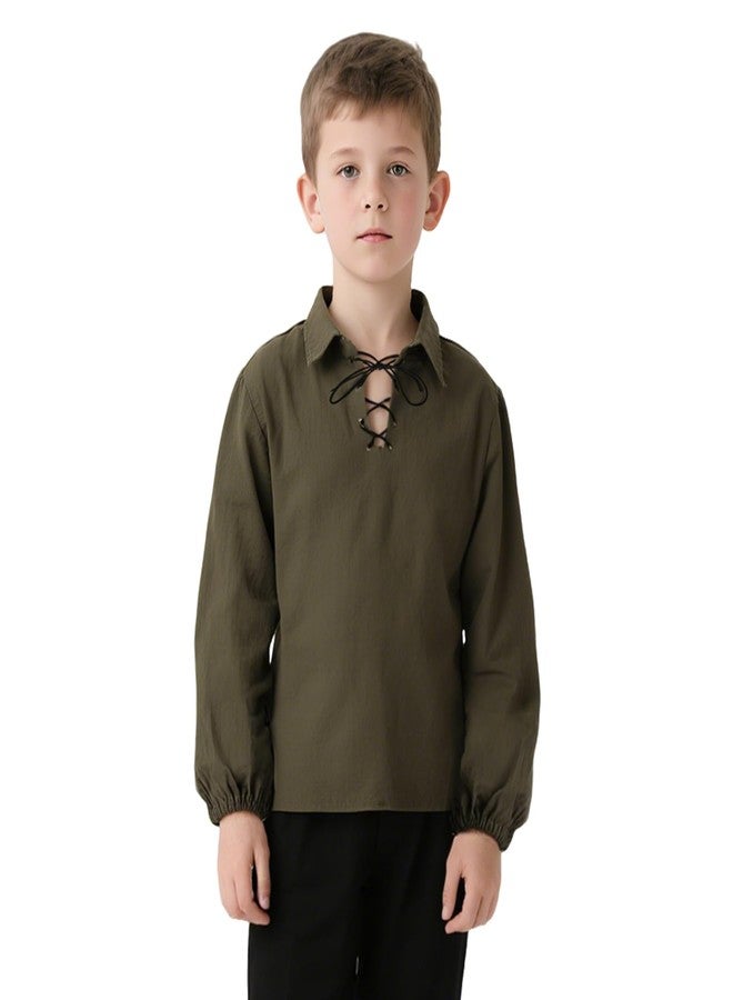 VZQI Kids Medieval Lace-Up Neck Shirt Long Sleeve Wide Cuffs Boys Renaissance Pirate Top Halloween Costume Green 4'3''-4'9'' - Image 2