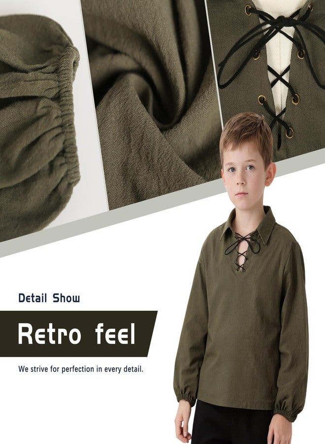 VZQI Kids Medieval Lace-Up Neck Shirt Long Sleeve Wide Cuffs Boys Renaissance Pirate Top Halloween Costume Green 4'3''-4'9'' - Image 4
