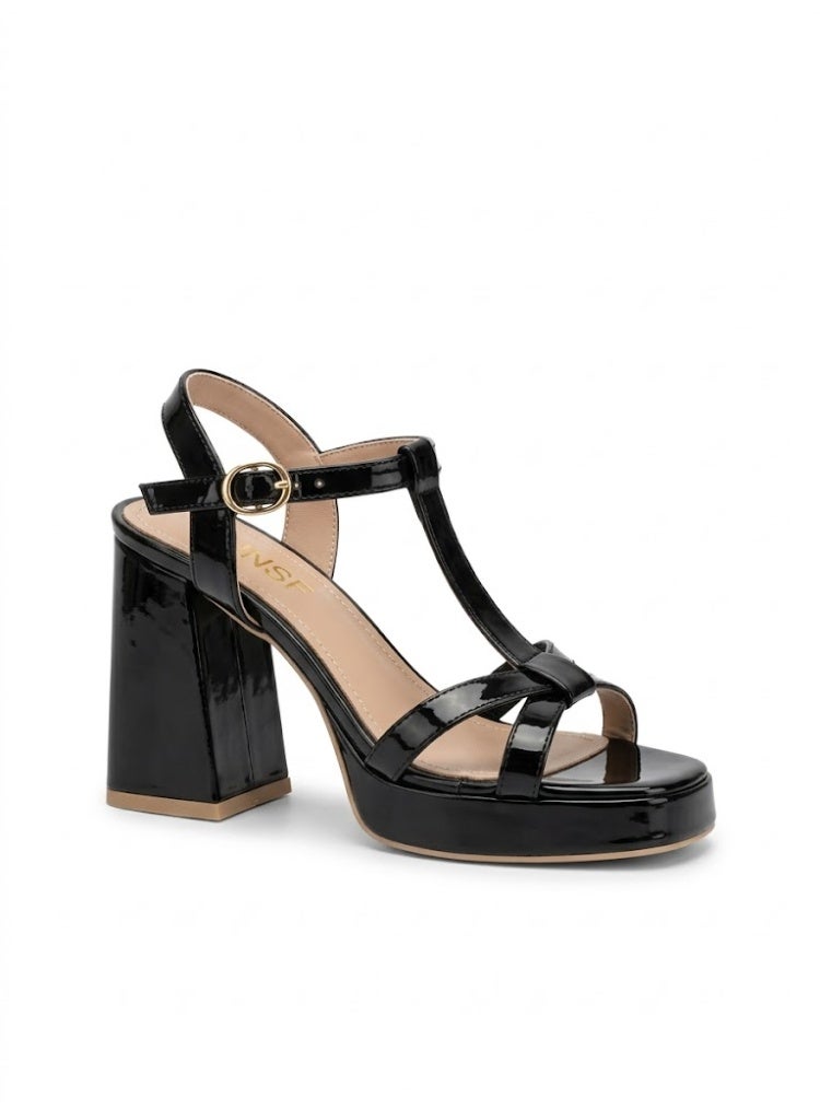 لايف ستيلاش  صندل كعب عالي من الجلد اللامع H-16 - أسود - Image 1