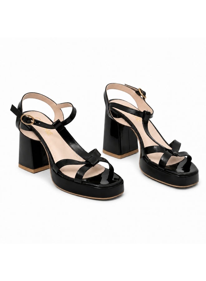 Sandal High Heel Leather Glossy H-16 - Black