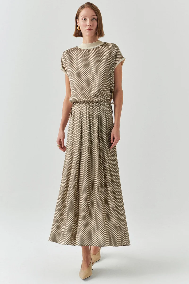 EXQUISE Lace-up, Elastic Waist, Patterned, Regular Midi, Multicolored Skirt