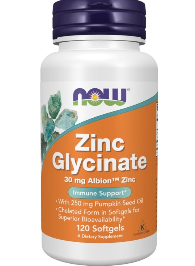 Now Foods Zinc Glycinate 120 Softgels | 30 mg Albion TRAACS Zinc, With 250 mg Pumpkin Seed Oil | Immune Support