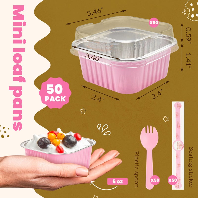 NPLUX 50 Pcs Mini Cake Pans with Lids and Spoons Aluminum Foil Mini Square Baking Cups with Lids Disposable Ramekins Cake Pans Dessert Cups for Wedding Birthday Party(Pink,5oz) - Image 3