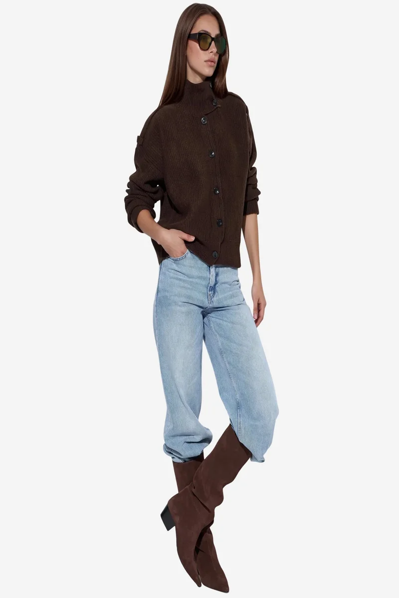 Viorna VIORNA Ribbed Half-Turtleneck Button Cardigan