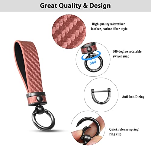 QBUC Carbon Fiber Style Car Key Chain Microfiber Leather Key Fob Keychains for Men Women with 360-degree Rotatable Swivel, Anti-Lost D-Ring, 2 Keyrings (Pink) - Image 3