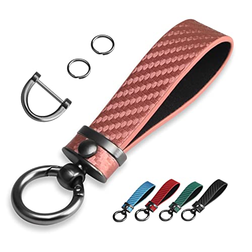 QBUC Carbon Fiber Style Car Key Chain Microfiber Leather Key Fob Keychains for Men Women with 360-degree Rotatable Swivel, Anti-Lost D-Ring, 2 Keyrings (Pink) - Image 1
